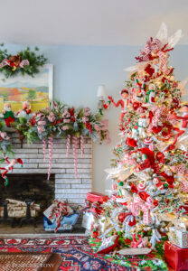 Whimsical red and white Christmas decorations create a merry and bright exuberant look in our family room for the holidays.