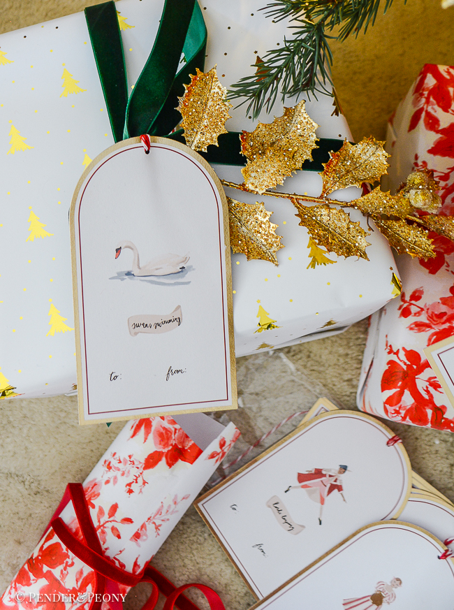 Red and green wrapped presents with "12 Days of Christmas" gift tags