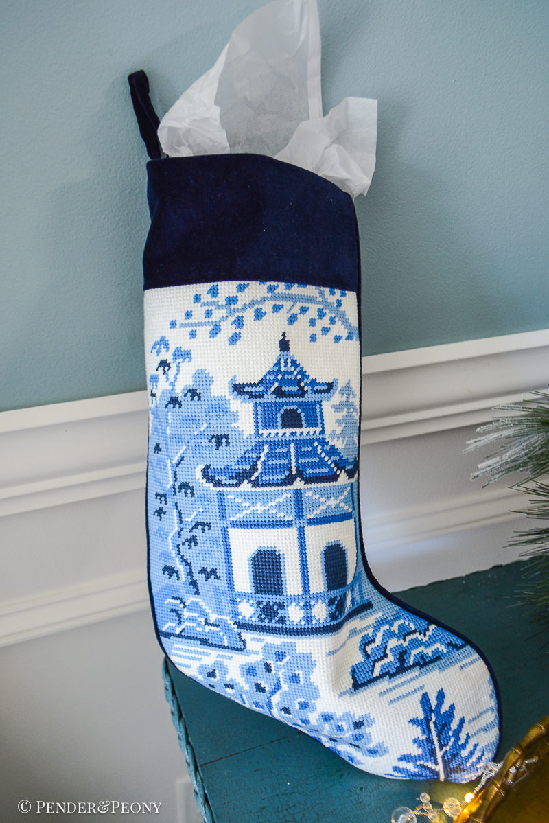 Blue and white pagoda needlepoint stocking