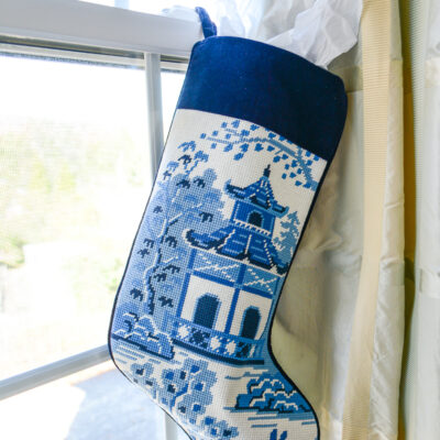 Blue and white pagoda needlepoint stocking