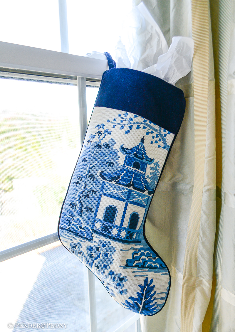 Blue and white pagoda needlepoint stocking