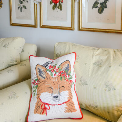 Christmas fox and chickadee wool hook pillow