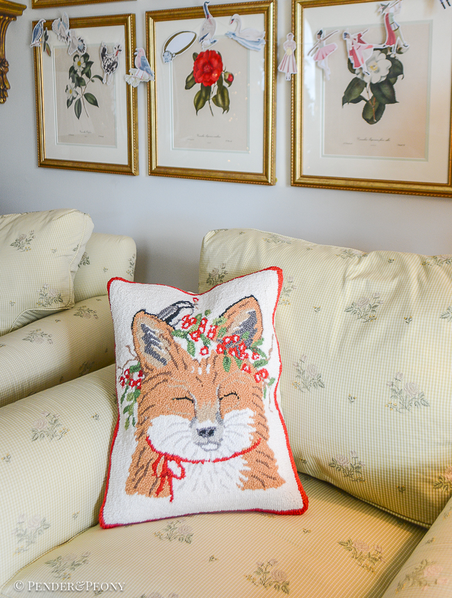 Christmas fox and chickadee wool hook pillow