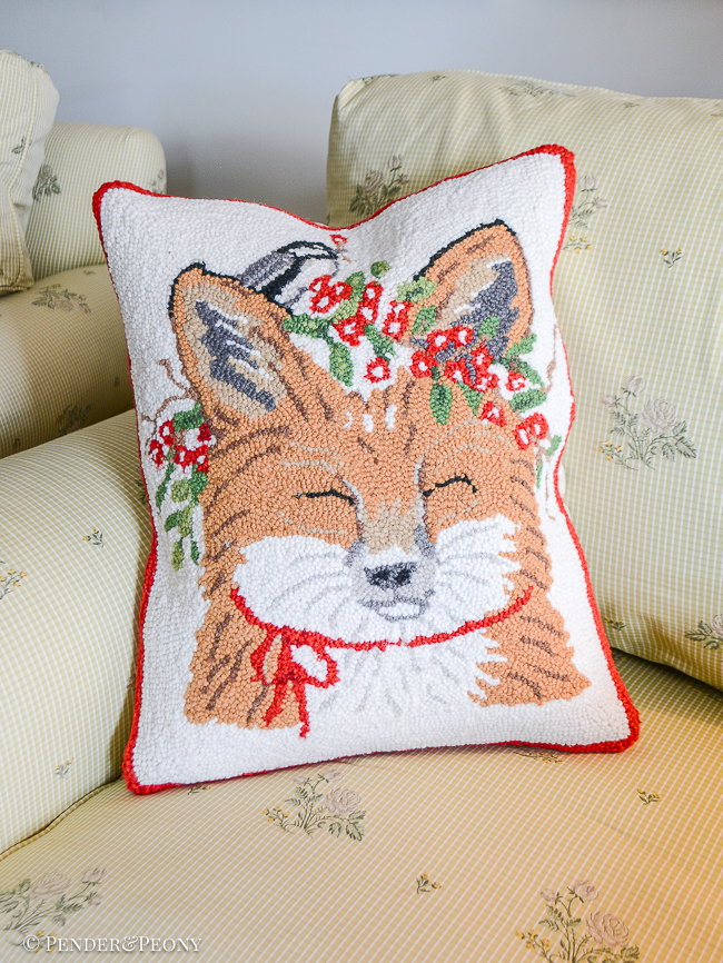 Christmas fox and chickadee wool hook pillow