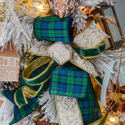 black watch plaid bow with white gold scroll and green velvet ribbons