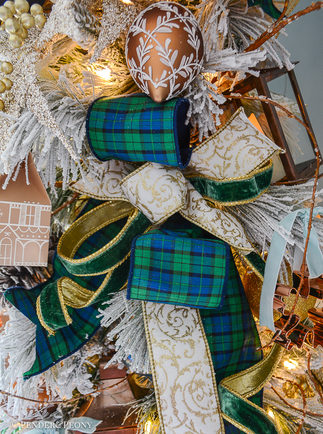 black watch plaid bow with white gold scroll and green velvet ribbons