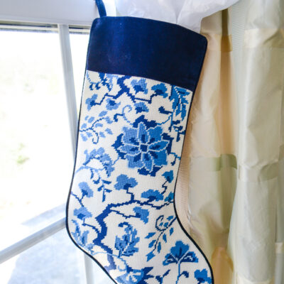 Blue and white Chinoiserie floral needlepoint stocking