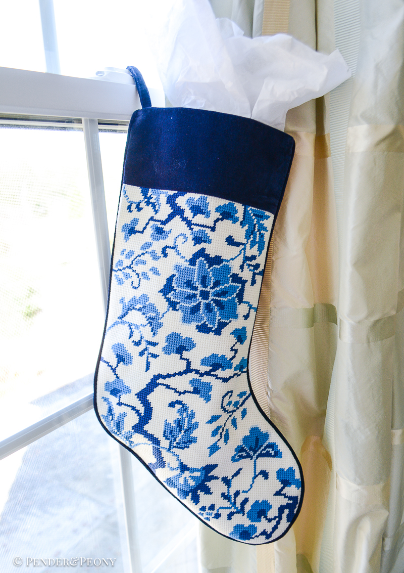 Blue and white Chinoiserie floral needlepoint stocking