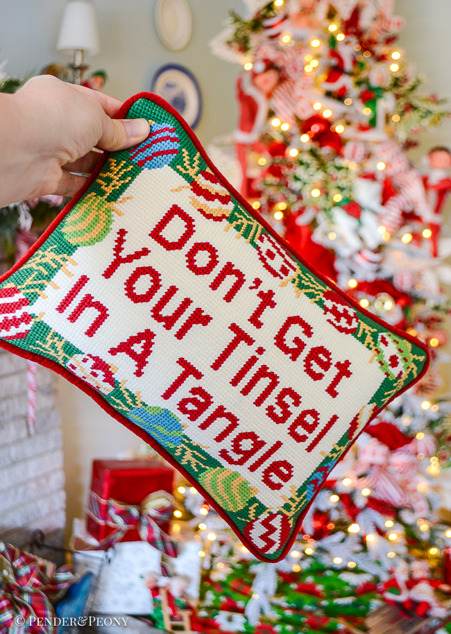 Don't get your tinsel in a tangle needlepoint pillow