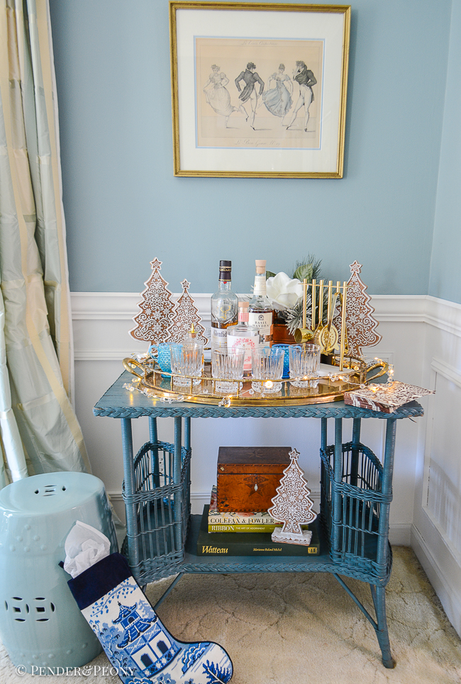 My bar set up in the dining room with gingerbread trees and vintage bar ware