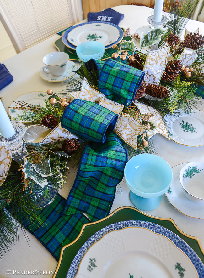 Black watch plaid bow with white velvet gold scroll ribbon