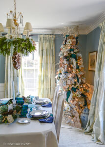 My dining room decorated for the holidays in a gingerbread forest Christmas theme