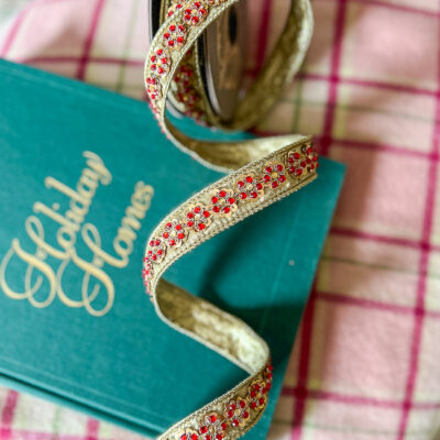 Gold ribbon with floral red sequin flowers