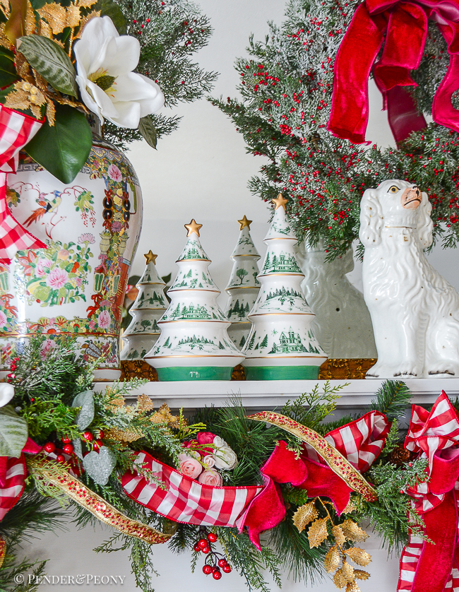 Green and white winter toile ceramic trees