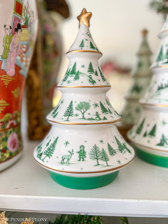 Green and White Toile Ceramic Trees - Image 3