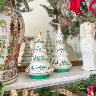 Green and white winter toile ceramic trees