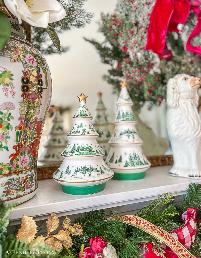 Green and white winter toile ceramic trees