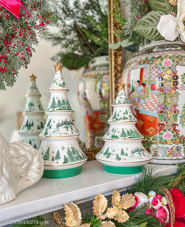 Green and white winter toile ceramic trees