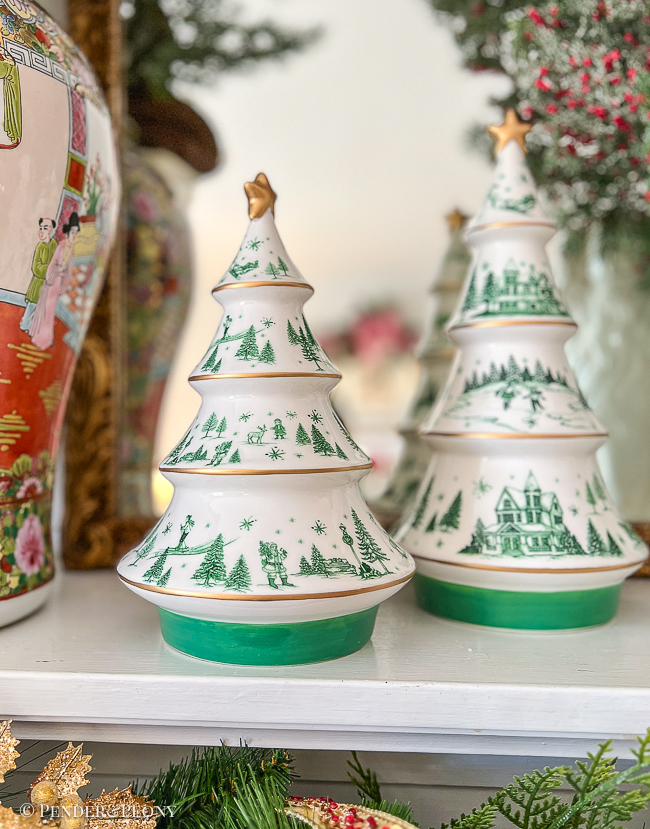 Green and white winter toile ceramic trees