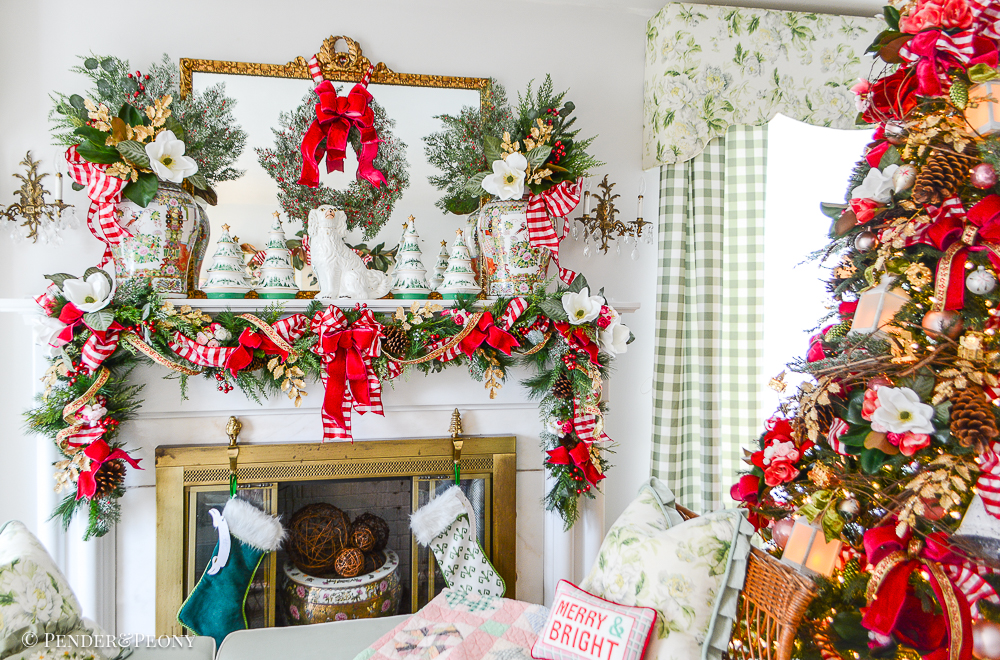 Jolly blossoms Christmas garland hung on mantel