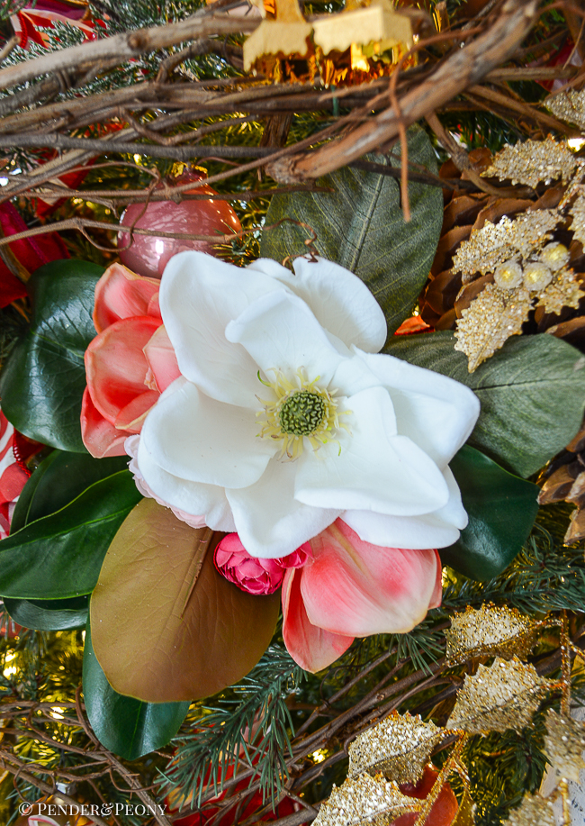 White magnolia bloom in floral bouquet for Christmas tree