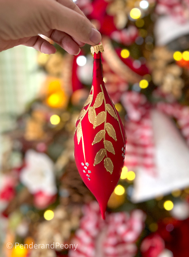 Set of 3 red drop ornaments with gold leaves