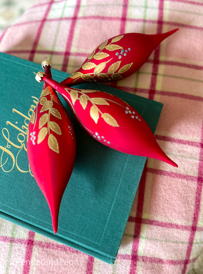 Set of 3 red drop ornaments with gold leaves