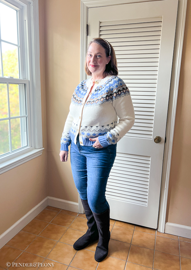 Katherine wearing Universal Standard skinny jeans and LandsEnd fair isle sweater