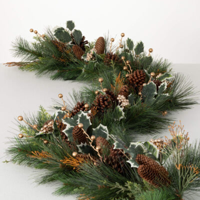 pine, cedar, holly garland with pine cones