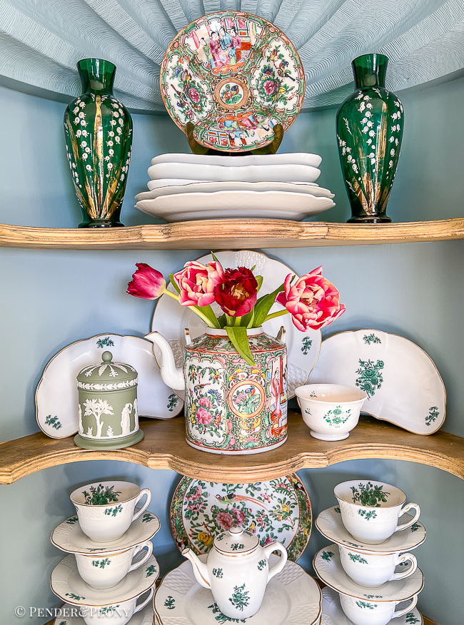 Add stacks of tea cups and fresh flowers to your hutch!