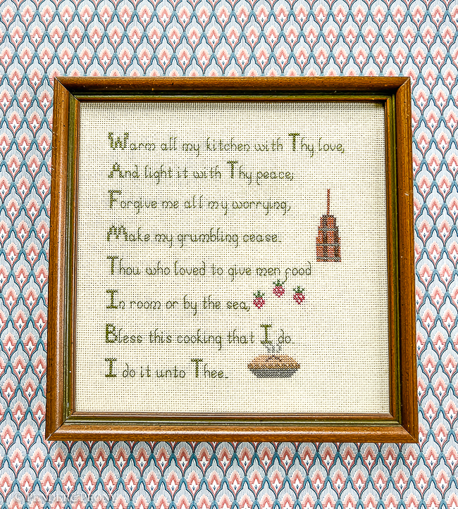 A lovely vintage cross stitch prayer for your kitchen or breakfast nook.