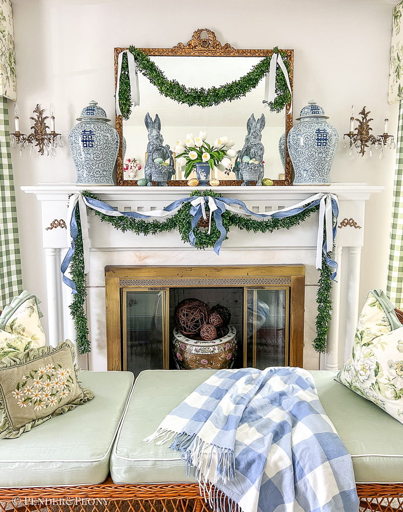Boxwood and bunnies blue and white Easter mantel with Regency inspired decor