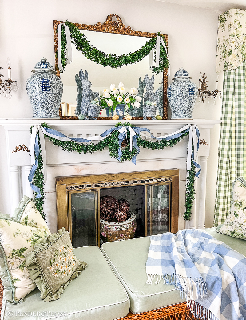 Boxwood and bunnies blue and white Easter mantel with Regency inspired decor