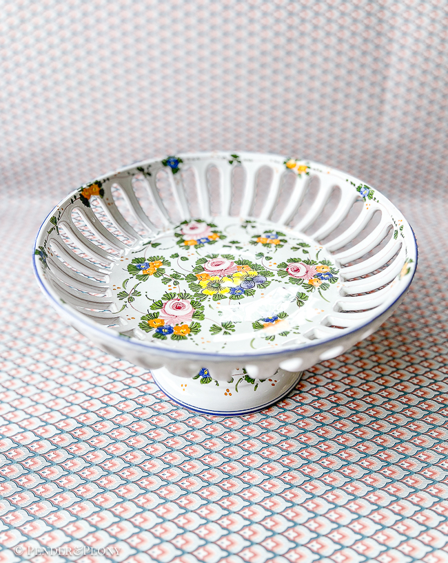 A lovely floral pierced compote for the kitchen island or sideboard.