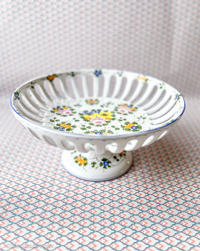 A lovely floral pierced compote for the kitchen island or sideboard.