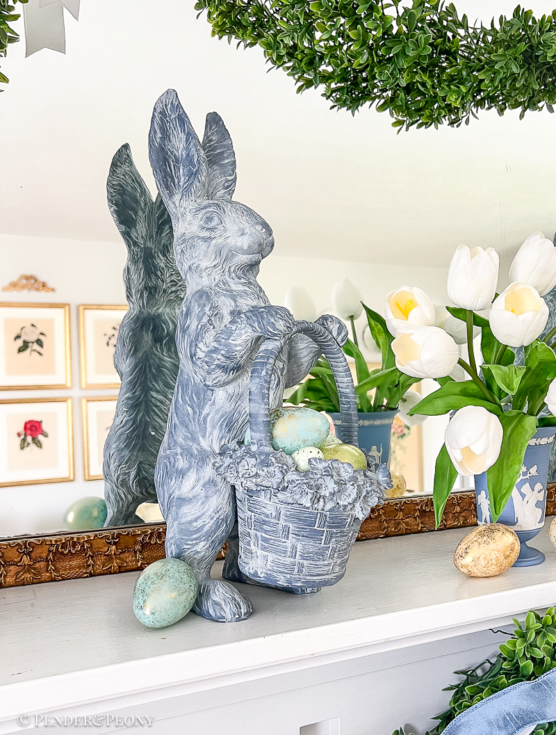 Blue bunny with floral basket - made from resin - decorating Easter mantel