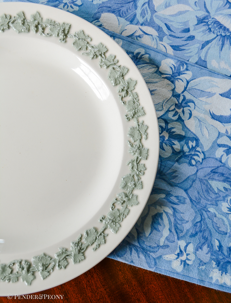 Celadon on cream straight edge Wedgwood Queensware plates