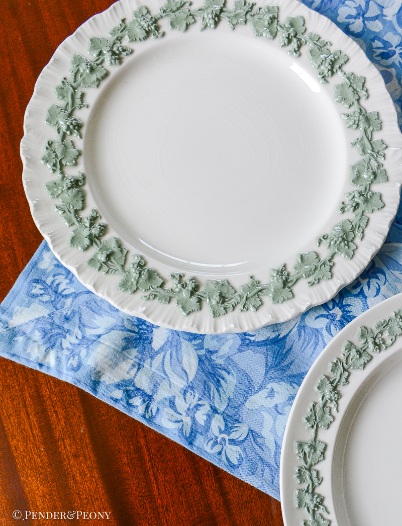 Celadon on cream shell edge Wedgwood Queensware plates