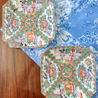 Pair of Rose Medallion square plates with cut corners