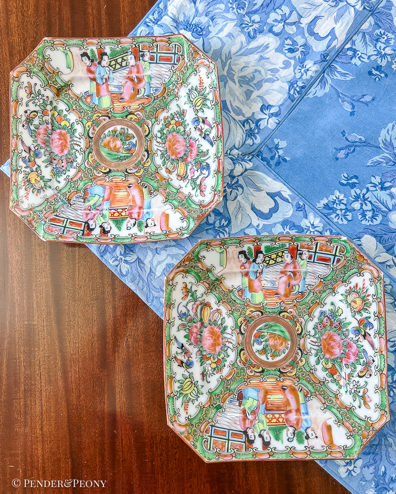 Pair of Rose Medallion square plates with cut corners