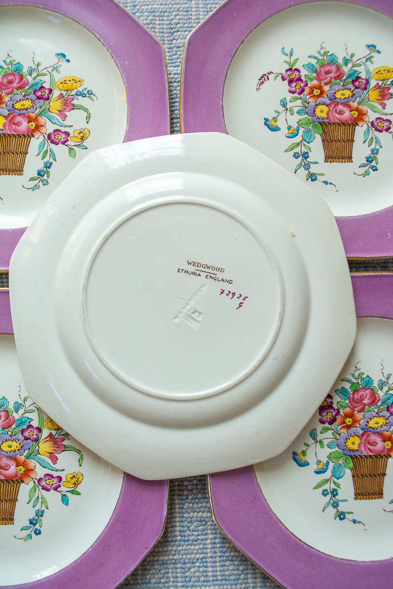 Wedgwood Etruria marks on flower basket plates with purple lip border