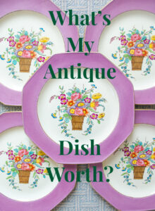 Title graphic: Wedgwood purple floral plates with text overlay: What's my antique dish worth?
