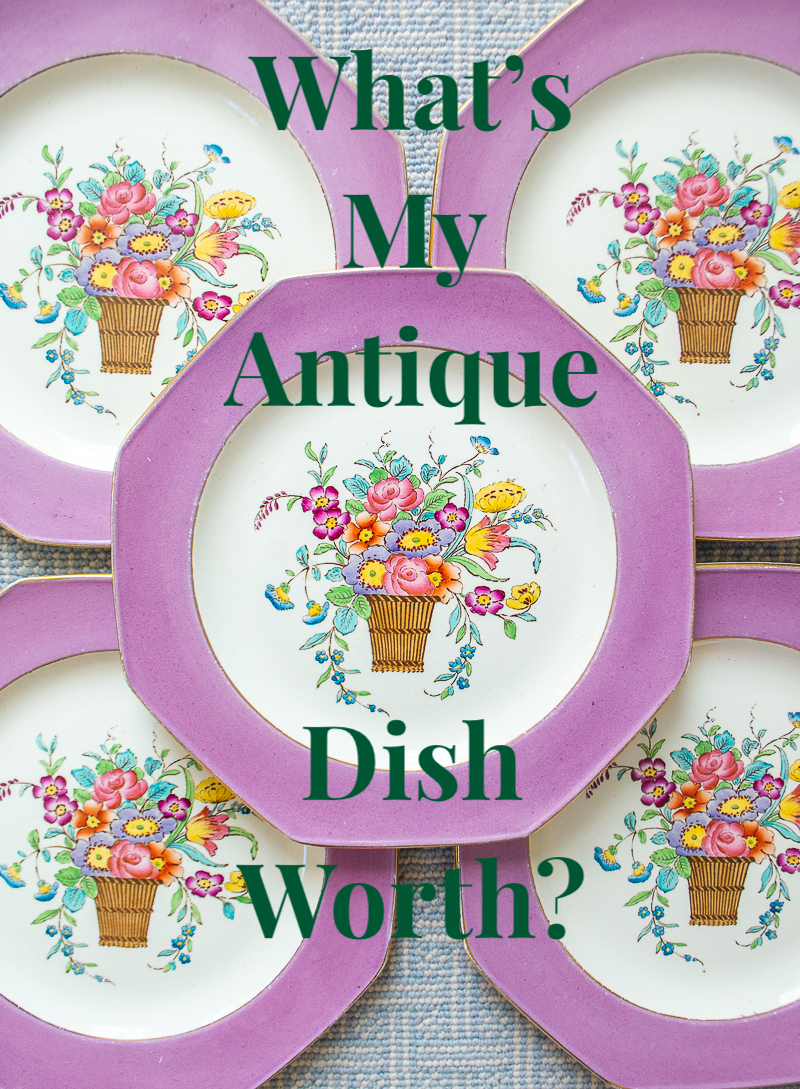 Title graphic: Wedgwood purple floral plates with text overlay: What's my antique dish worth?