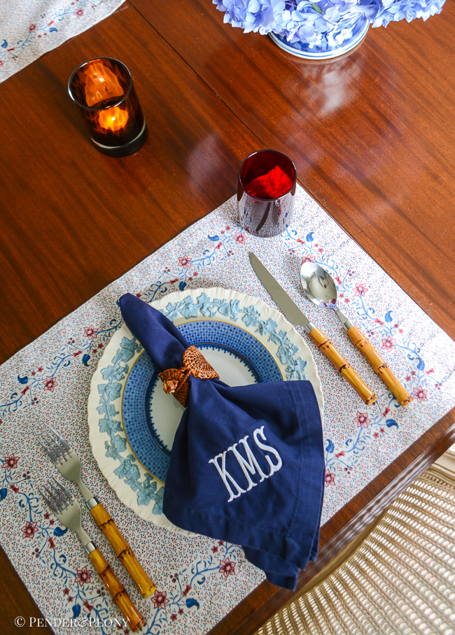 4th of July tablescape: set with Sarah Flint placemats, Wedgwood Queen's Ware, Mottahedeh blue lace, bamboo flatware, hydrangea, and flags.