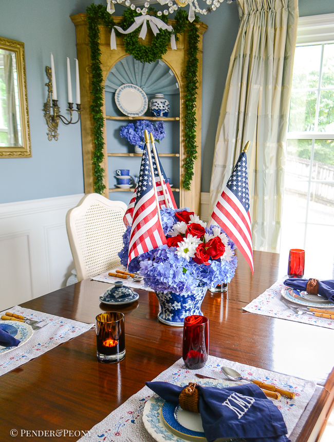 A red, white, and blue floral tablescape for Independence Day. Set with Sarah Flint placemats, Wedgwood Queen's Ware, Mottahedeh blue lace, bamboo flatware, hydrangea, and flags.