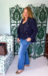 Katherine in Scuba blazer, silk tank, and Bella jeans from Quince - fall staples