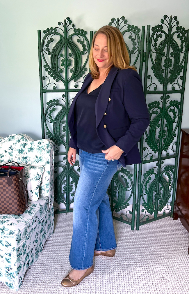 Katherine in Scuba blazer, silk tank, and Bella jeans from Quince - fall staples