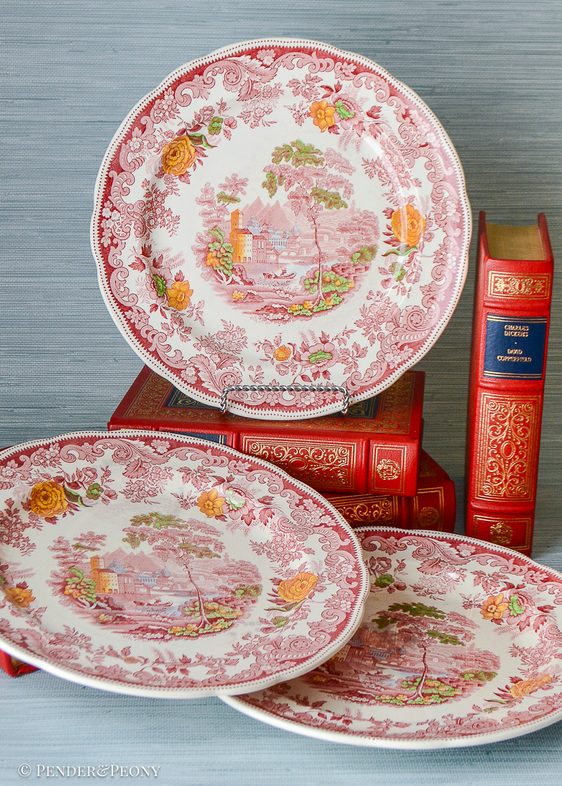 Beautiful multi colored transferware plates featuring scenes from the Rhine Valley.