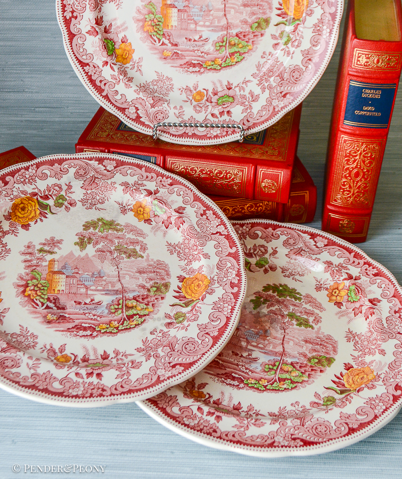 Beautiful multi colored transferware plates featuring scenes from the Rhine Valley.