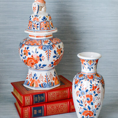 Vibrant cobalt blue and orange floral Delft: lion final jar and vase.
